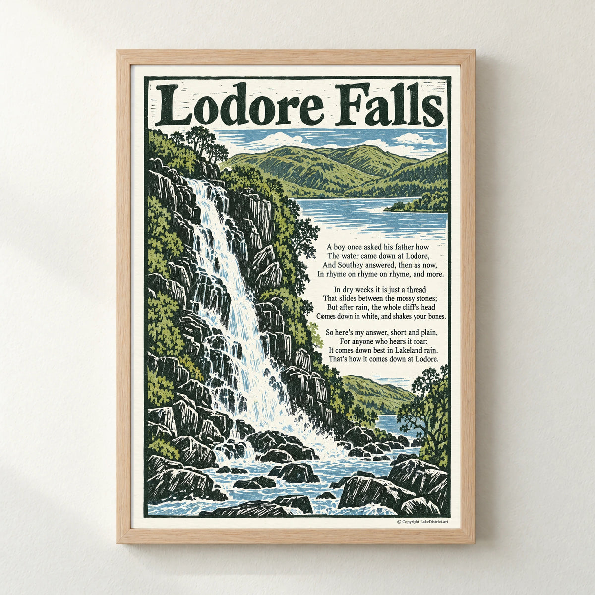 Lodore Falls poem print in a natural frame