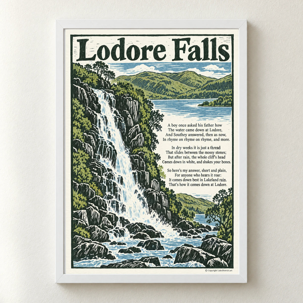 Lodore Falls poem print in a white frame