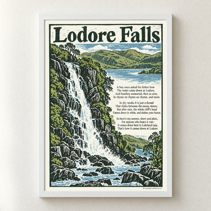 Lodore Falls poem print in a white frame