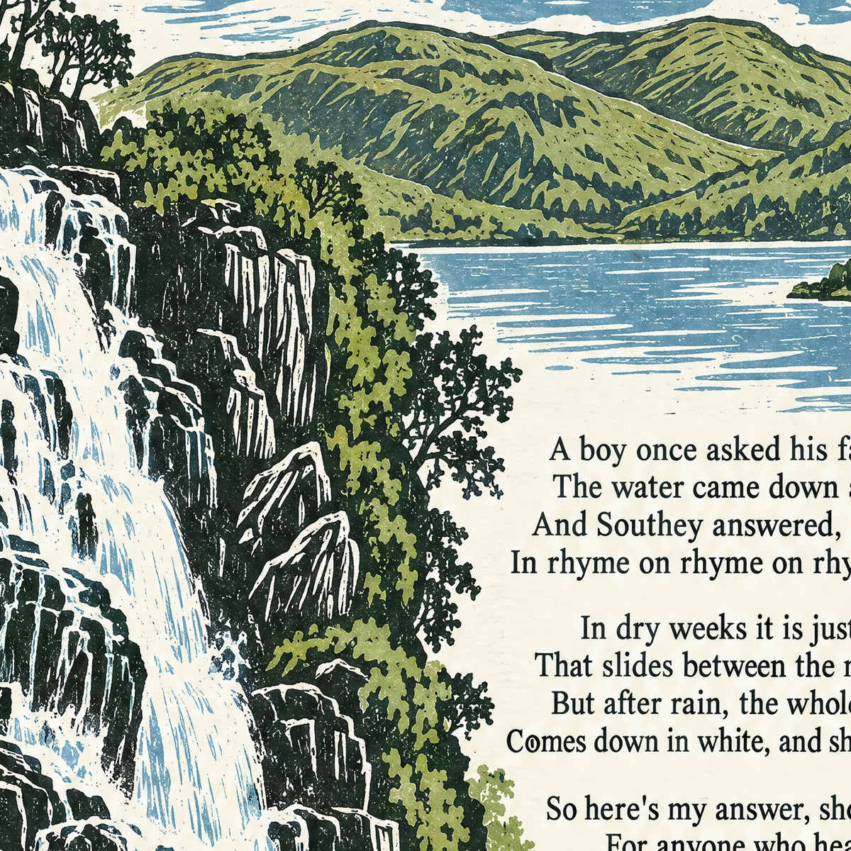 Lodore Falls poem print close-up: the lettering of the poem