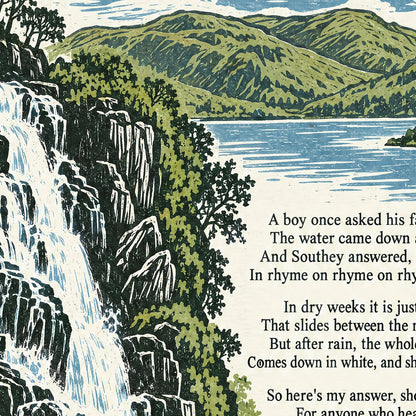 Lodore Falls poem print close-up: the lettering of the poem