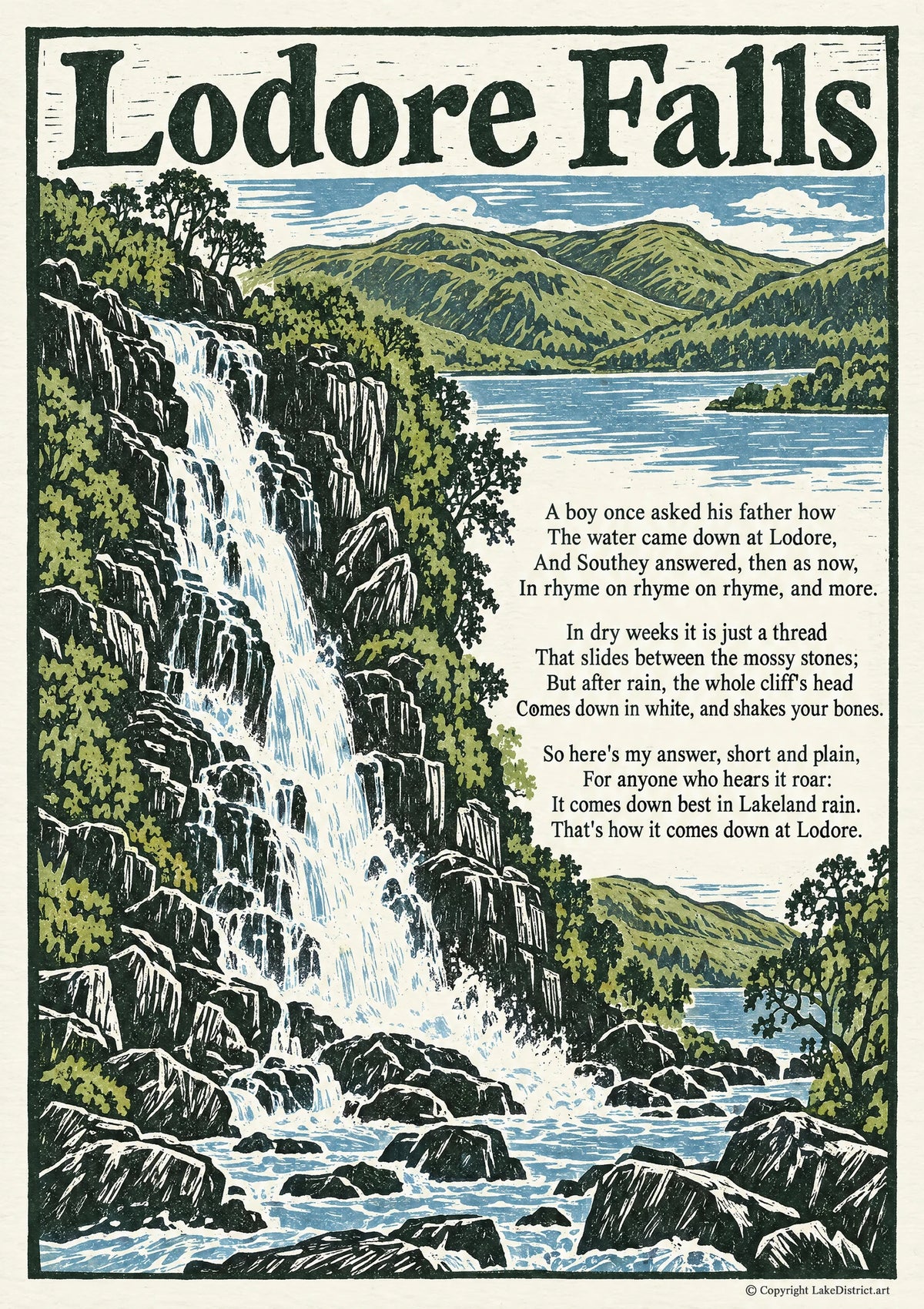Lodore Falls, an illustrated Lake District poem print