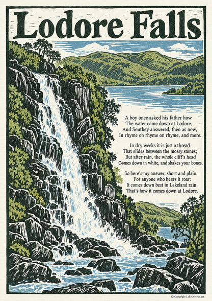 Lodore Falls, an illustrated Lake District poem print