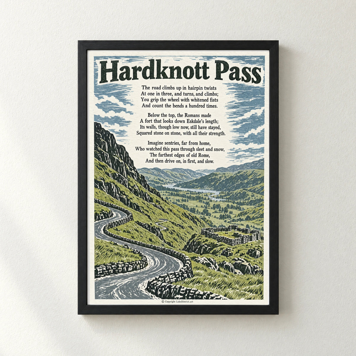 Hardknott Pass poem print in a black frame