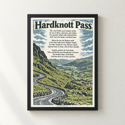 Hardknott Pass poem print in a black frame