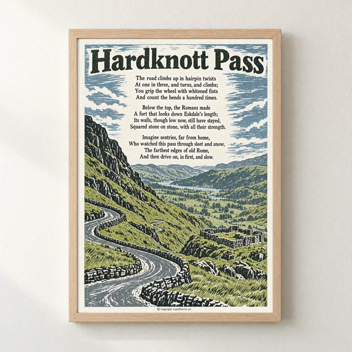 Hardknott Pass poem print in a natural frame
