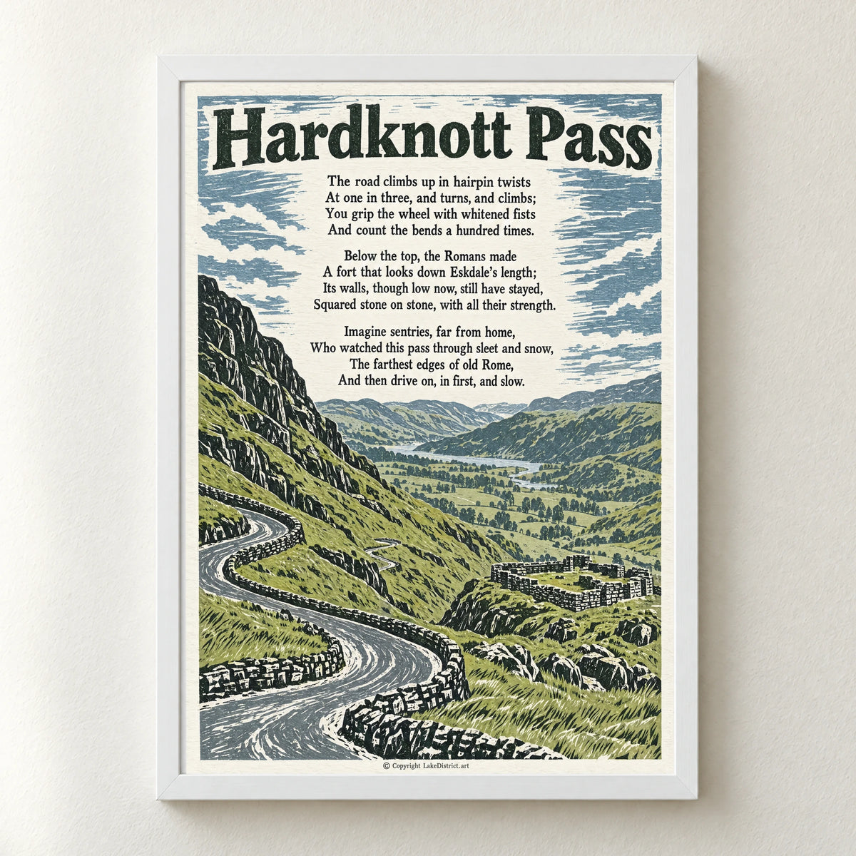 Hardknott Pass poem print in a white frame