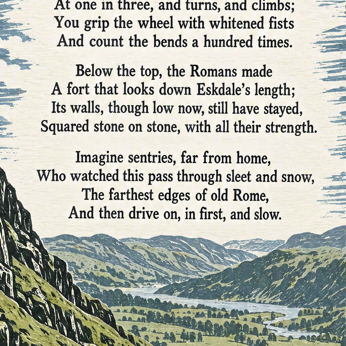 Hardknott Pass poem print close-up: the lettering of the poem