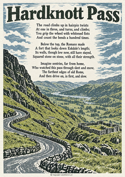 Hardknott Pass, an illustrated Lake District poem print