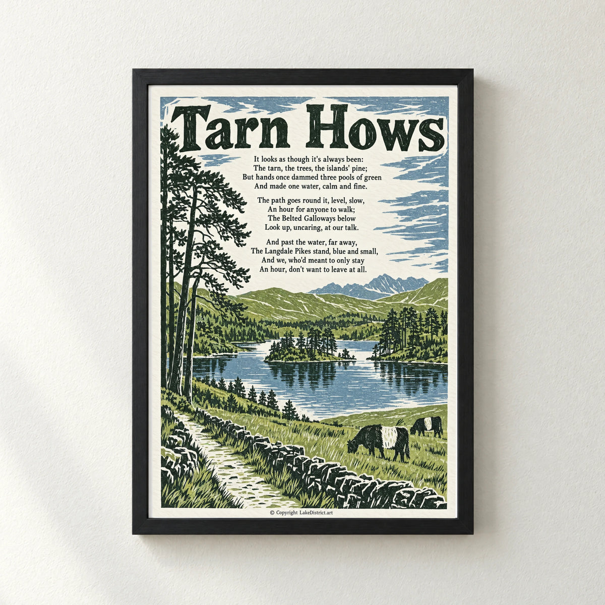 Tarn Hows poem print in a black frame