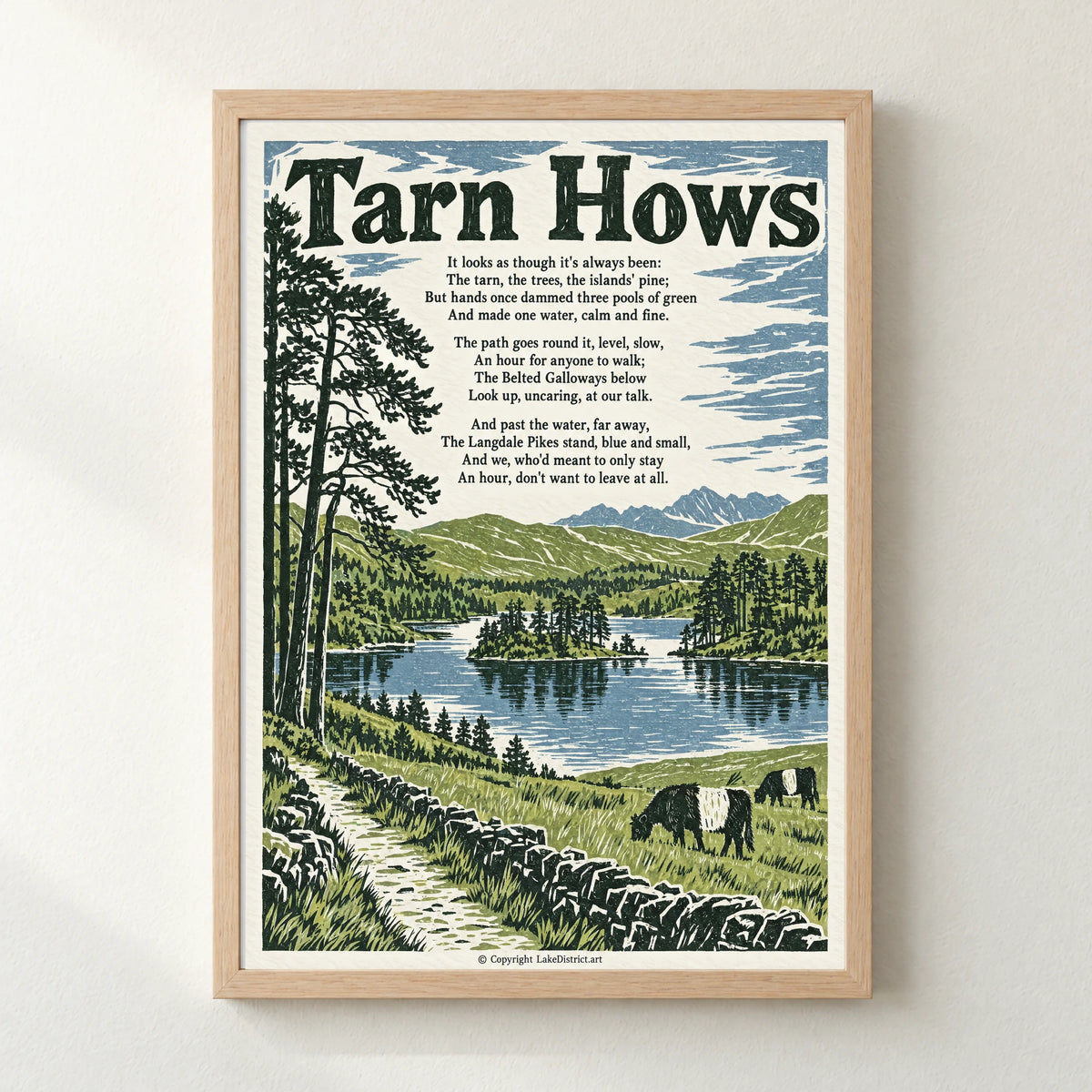 Tarn Hows poem print in a natural frame