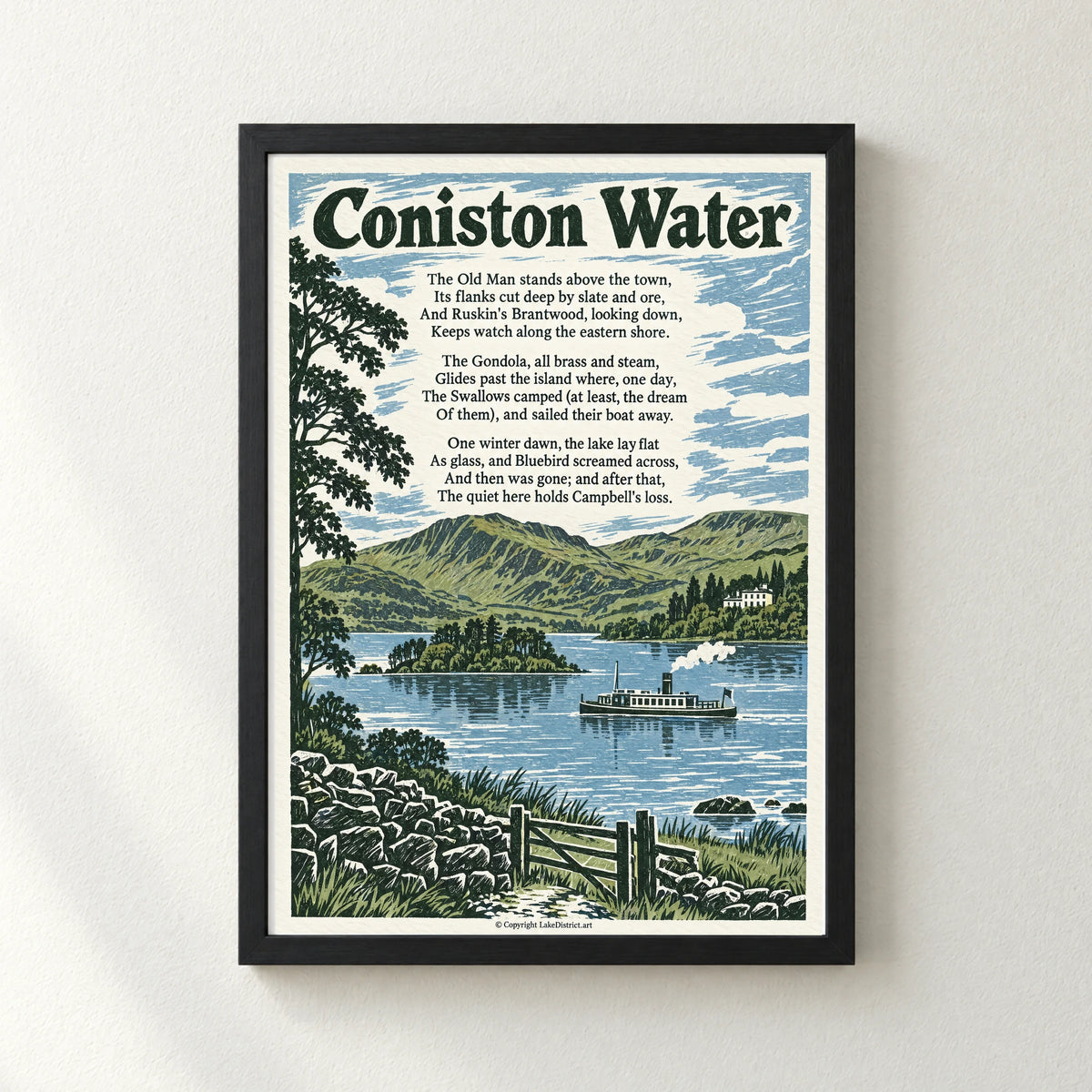 Coniston Water poem print in a black frame