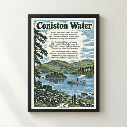 Coniston Water poem print in a black frame