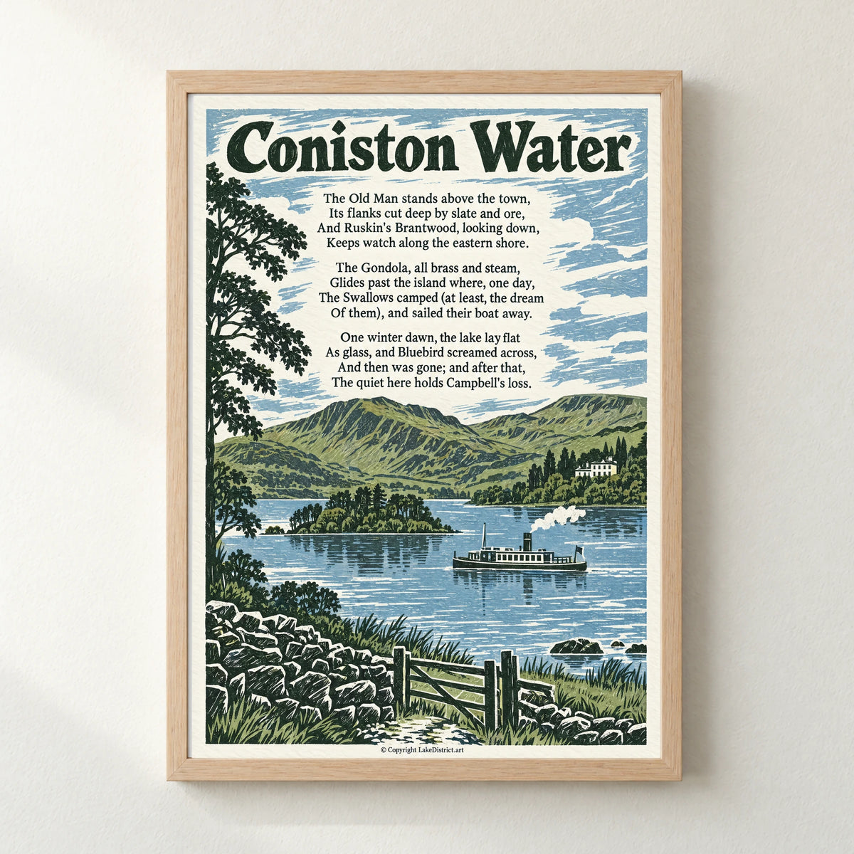 Coniston Water poem print in a natural frame