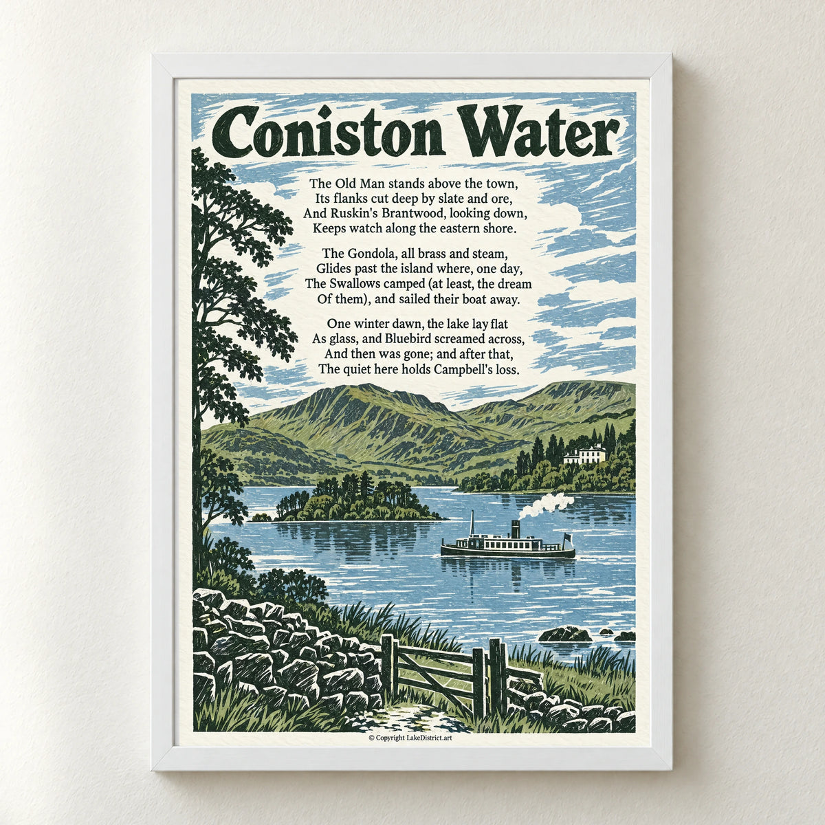 Coniston Water poem print in a white frame