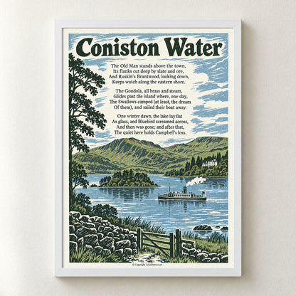 Coniston Water poem print in a white frame
