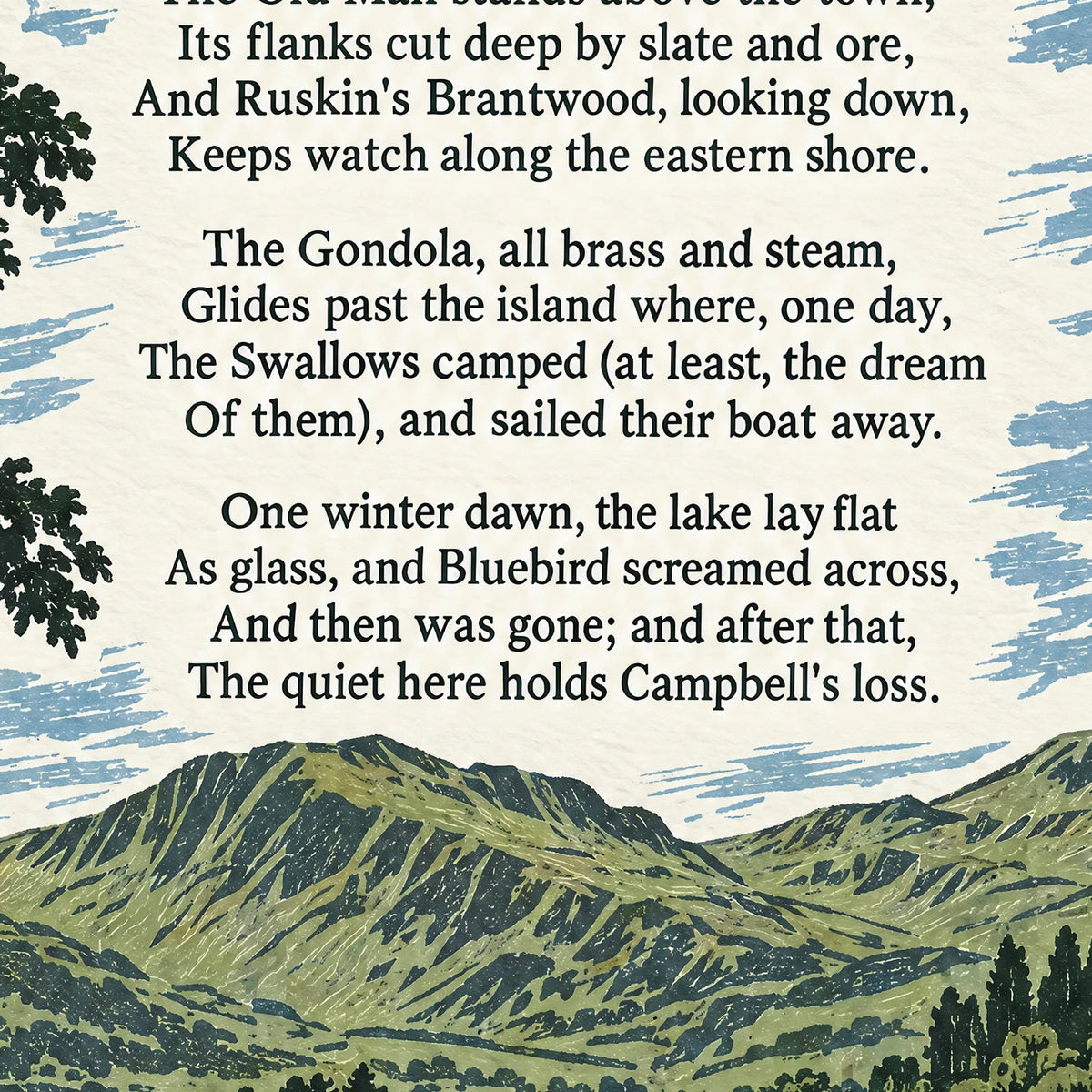 Coniston Water poem print close-up: the lettering of the poem