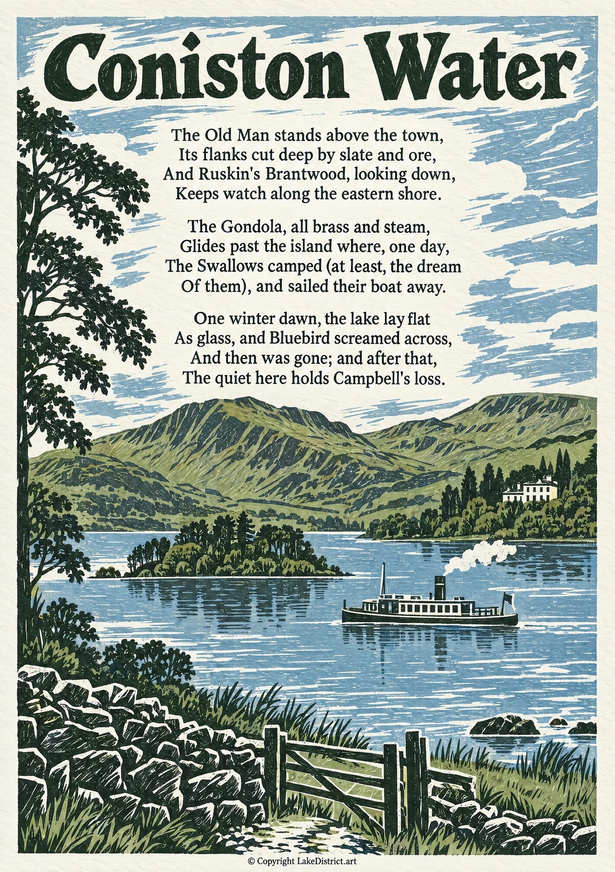 Coniston Water, an illustrated Lake District poem print