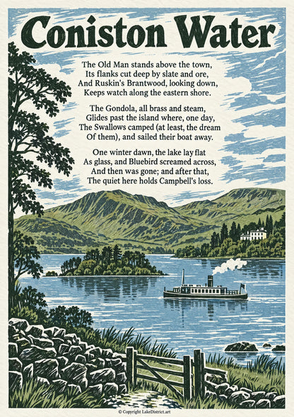 Coniston Water, an illustrated Lake District poem print