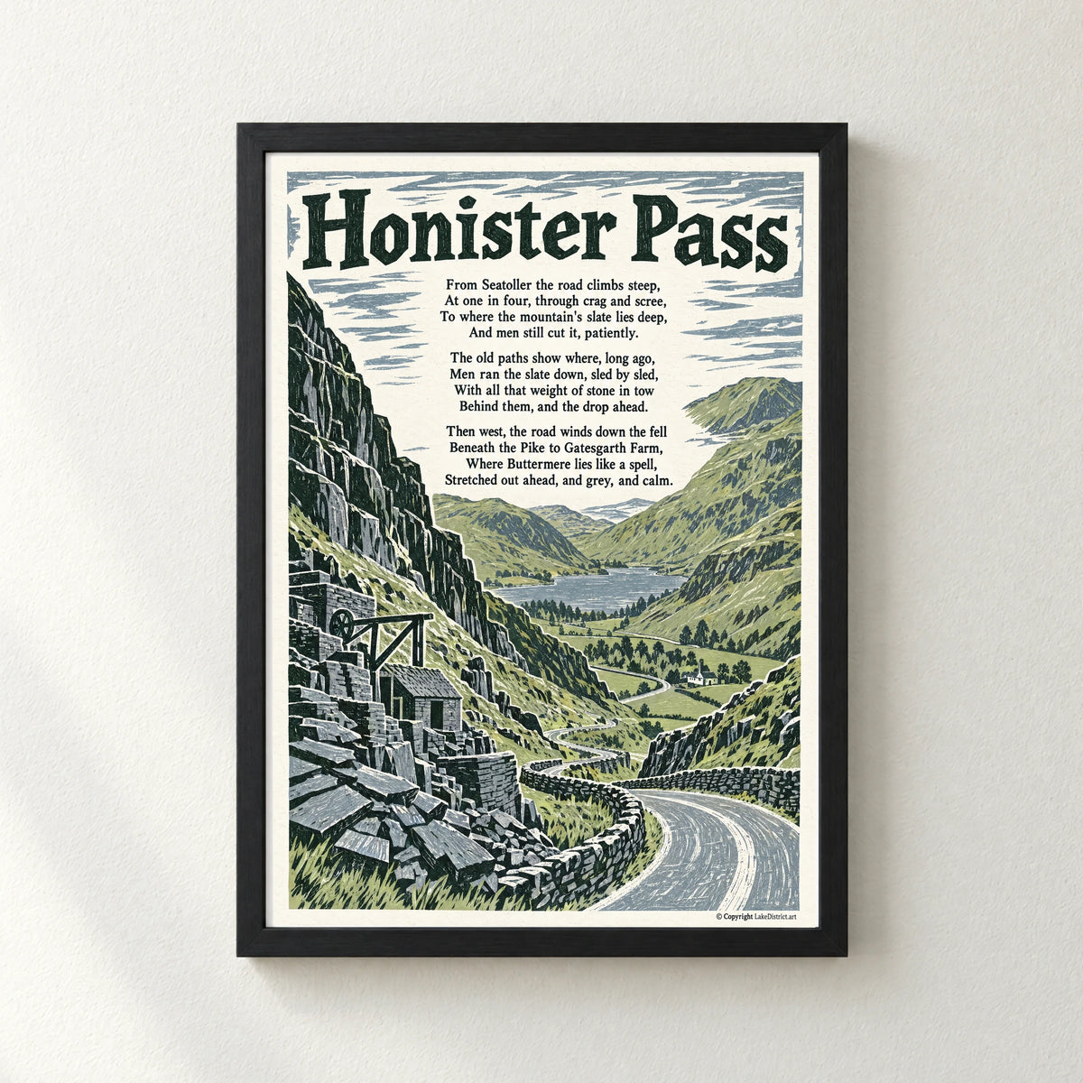 Honister Pass poem print in a black frame