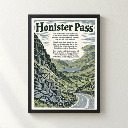Honister Pass poem print in a black frame