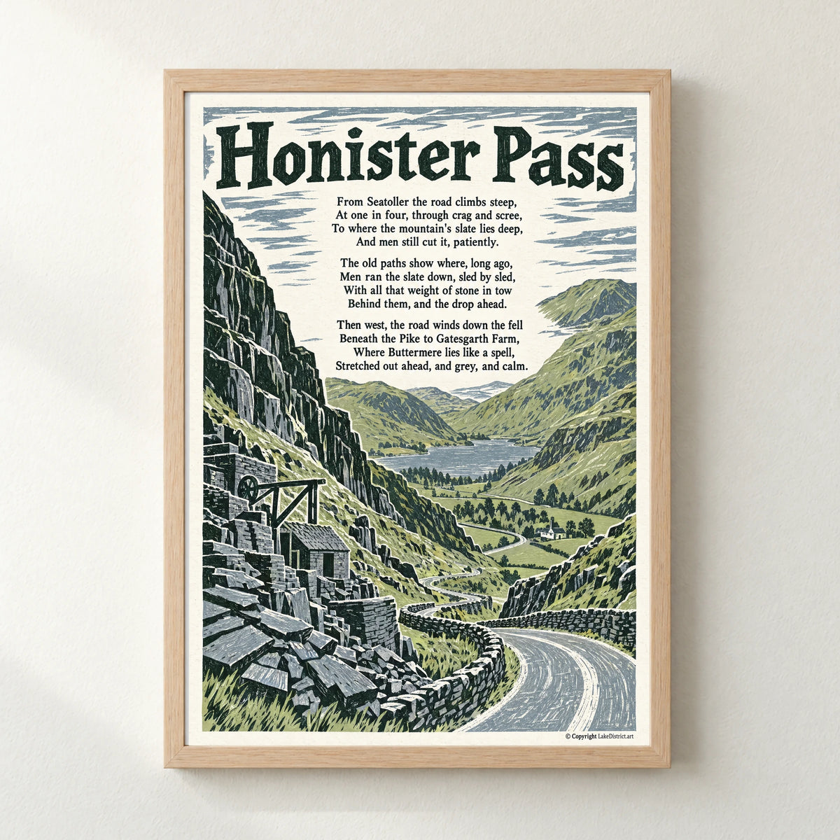 Honister Pass poem print in a natural frame