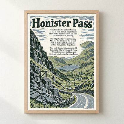 Honister Pass poem print in a natural frame