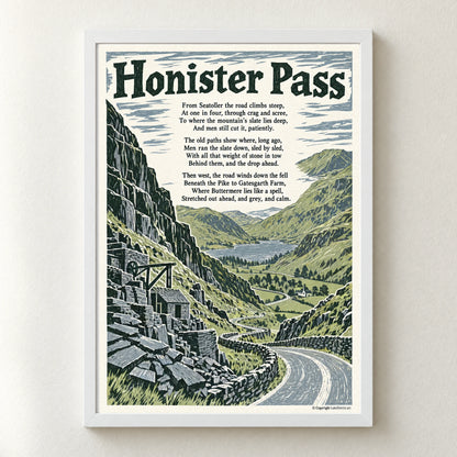 Honister Pass poem print in a white frame