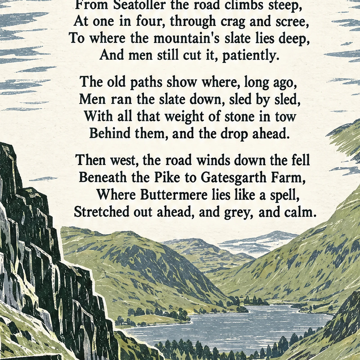 Honister Pass poem print close-up: the lettering of the poem