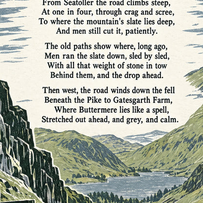 Honister Pass poem print close-up: the lettering of the poem