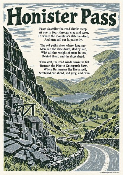Honister Pass, an illustrated Lake District poem print