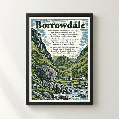 Borrowdale poem print in a black frame