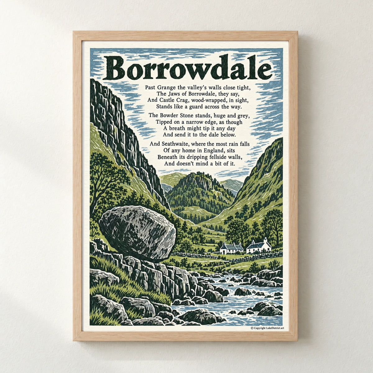 Borrowdale poem print in a natural frame