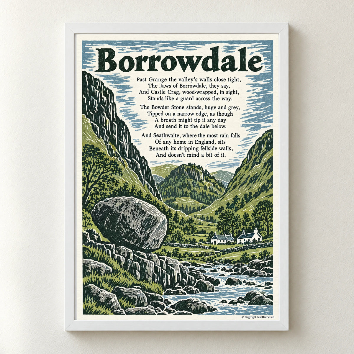 Borrowdale poem print in a white frame