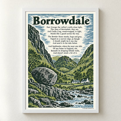 Borrowdale poem print in a white frame