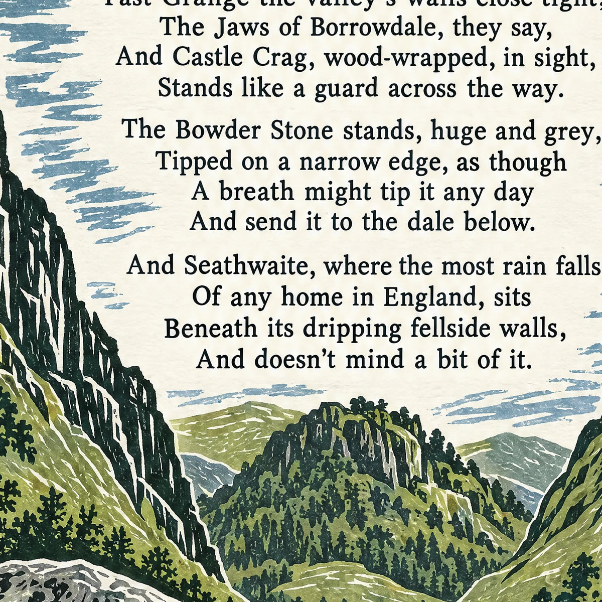 Borrowdale poem print close-up: the lettering of the poem