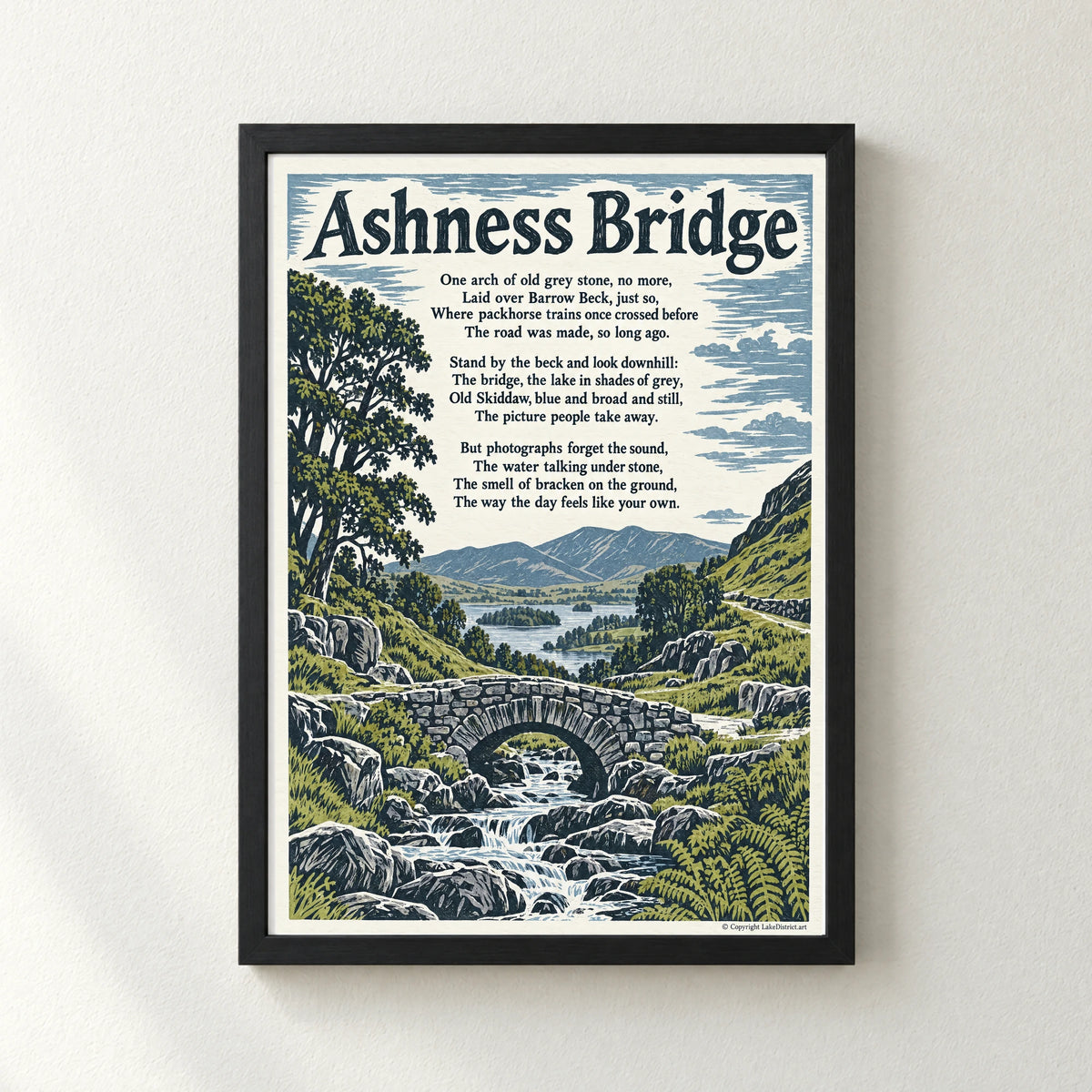 Ashness Bridge poem print in a black frame