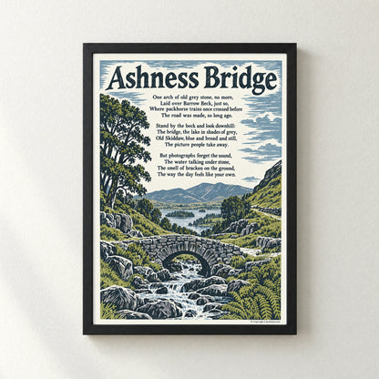 Ashness Bridge poem print in a black frame
