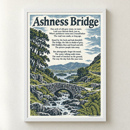 Ashness Bridge poem print in a white frame