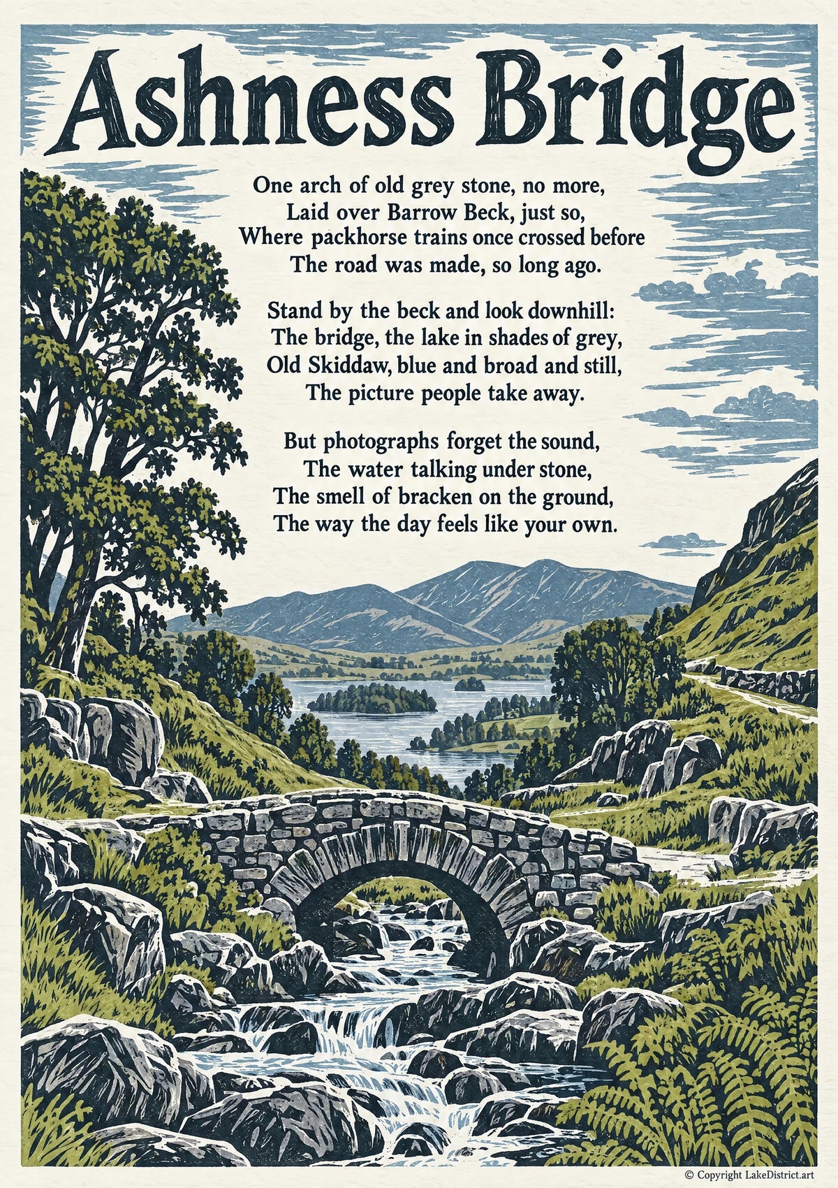 Ashness Bridge, an illustrated Lake District poem print
