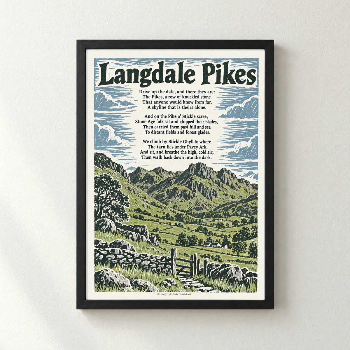 Langdale Pikes poem print in a black frame