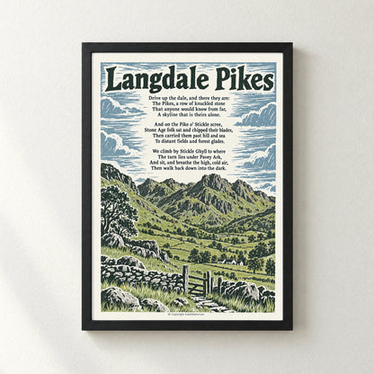 Langdale Pikes poem print in a black frame