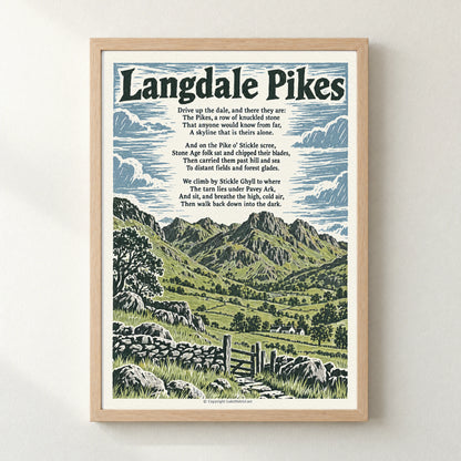 Langdale Pikes poem print in a natural frame