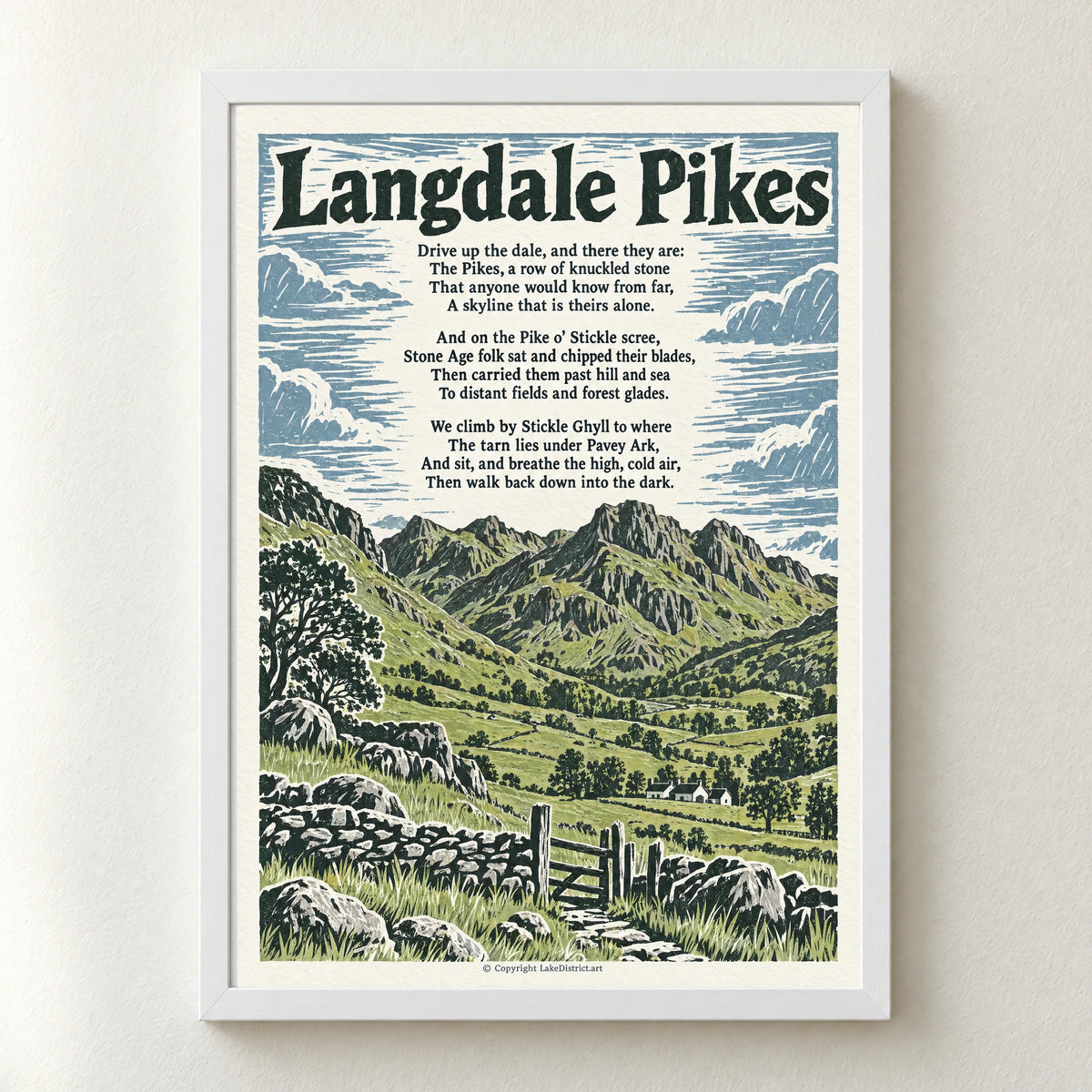 Langdale Pikes poem print in a white frame