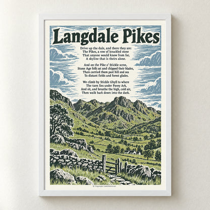Langdale Pikes poem print in a white frame