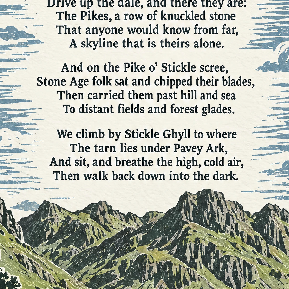 Langdale Pikes poem print close-up: the lettering of the poem