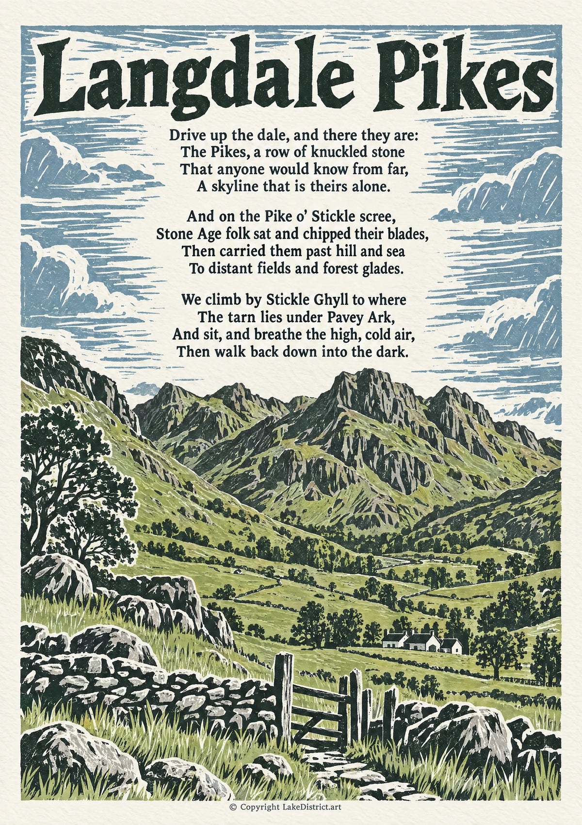 Langdale Pikes, an illustrated Lake District poem print