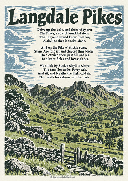 Langdale Pikes, an illustrated Lake District poem print