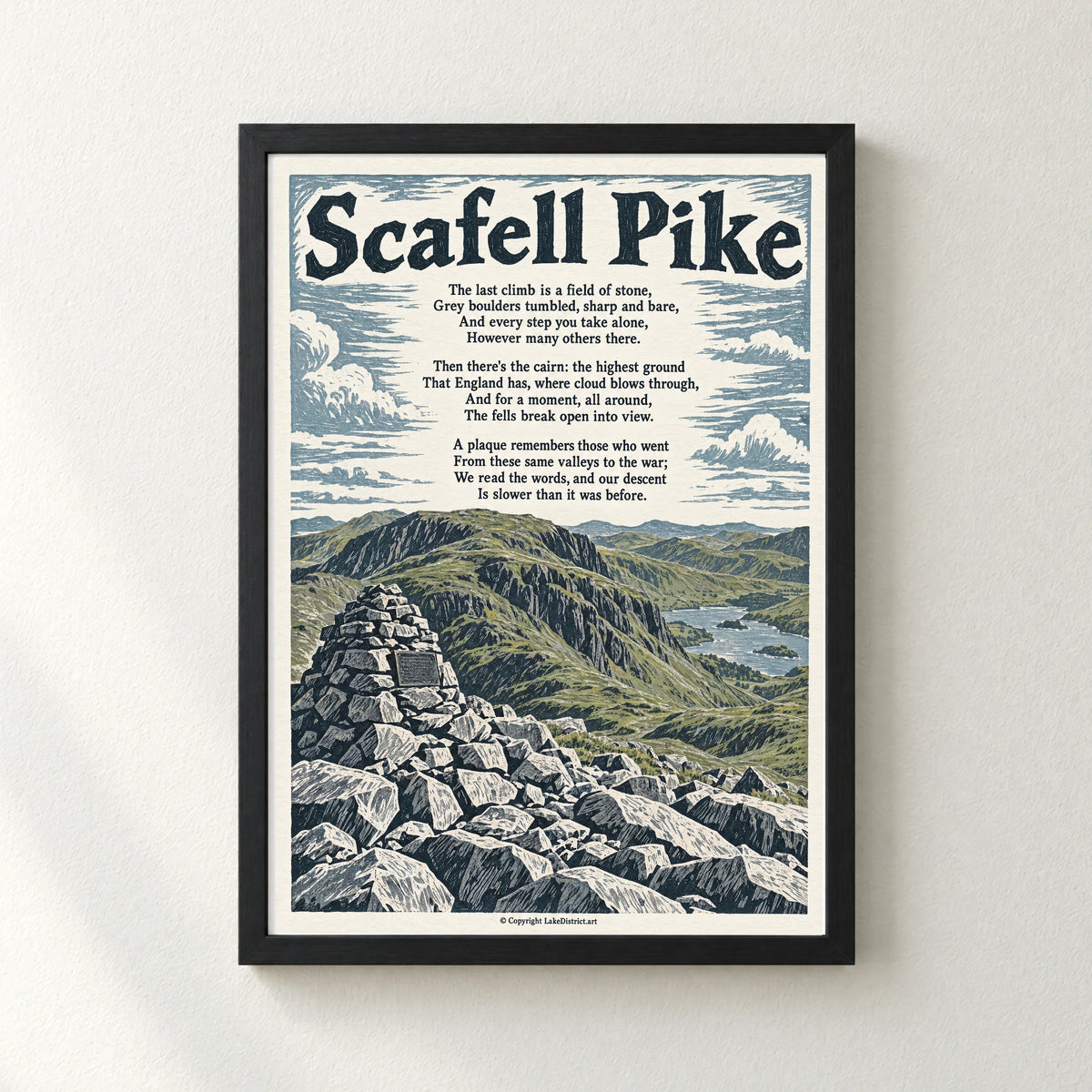 Scafell Pike poem print in a black frame
