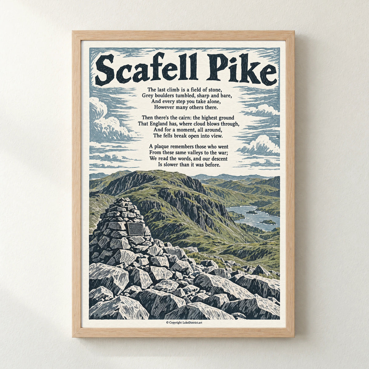 Scafell Pike poem print in a natural frame